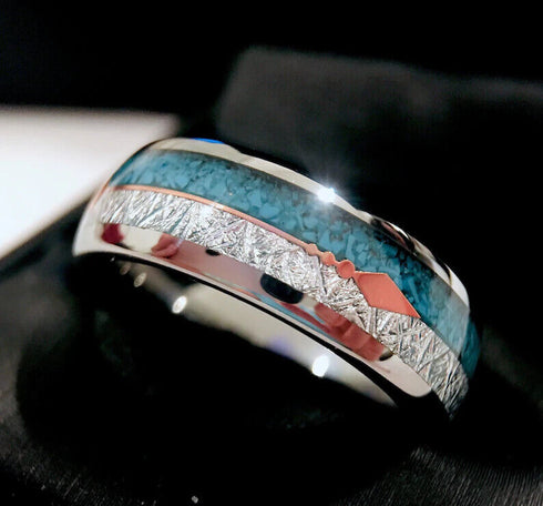 Men's 8mm Tungsten Cupid's Arrow Turquoise Meteorite Inspired Comfort-Fit Band